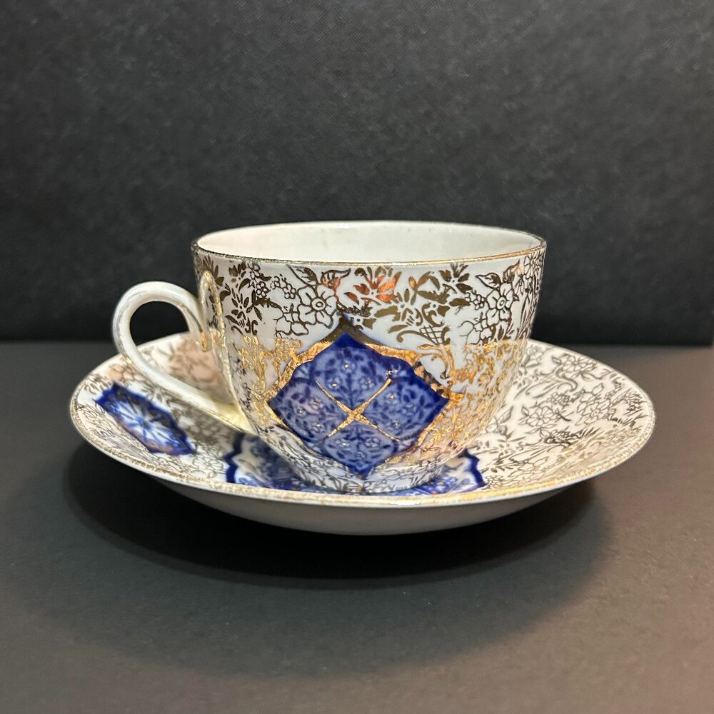 Fenton Osaka Vintage White Blue Gold Tea Cup & Saucer from 1910, England